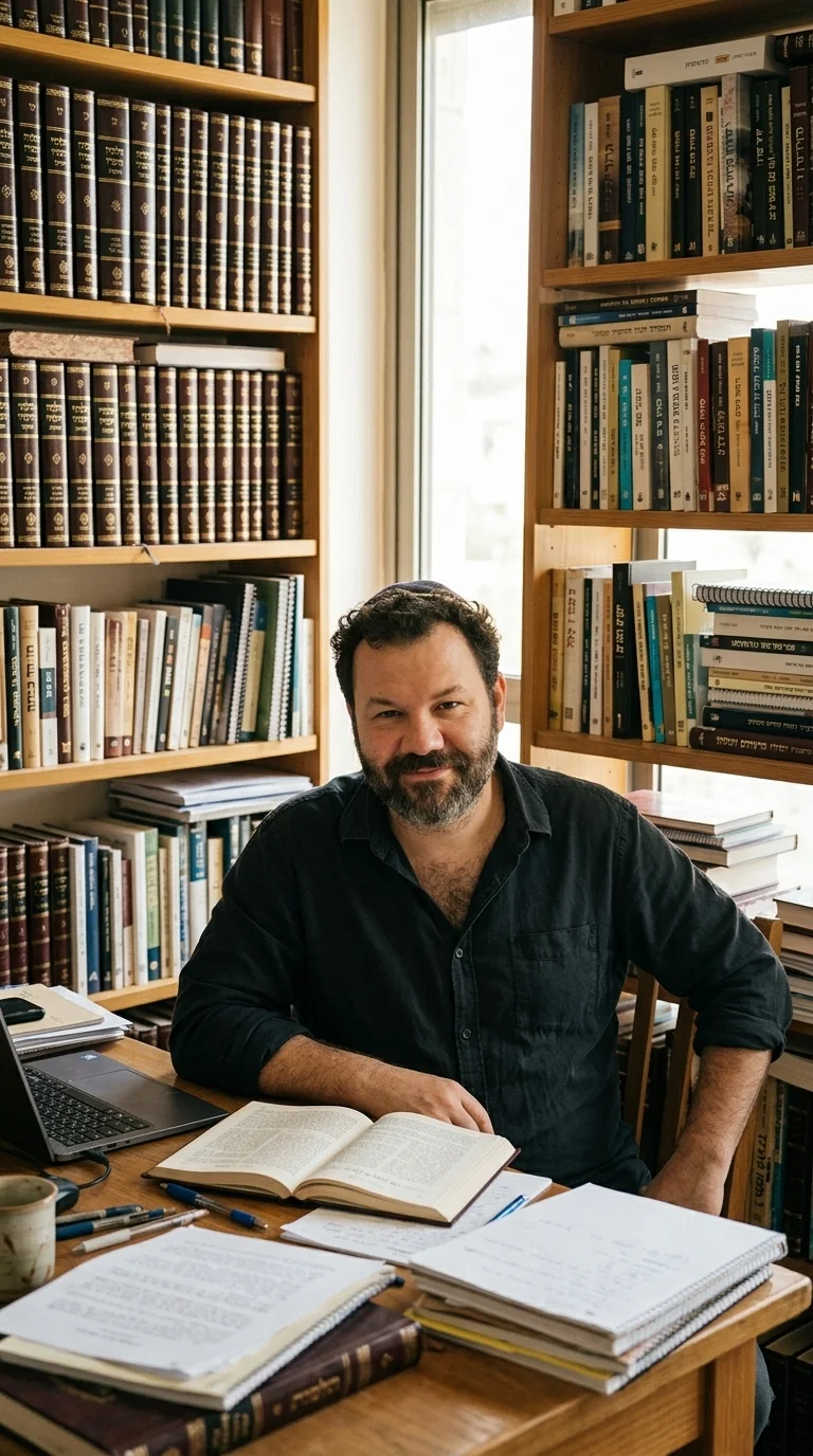 Jacob Kutschenko em sua mesa de estudo, cercado de livros em hebraico
