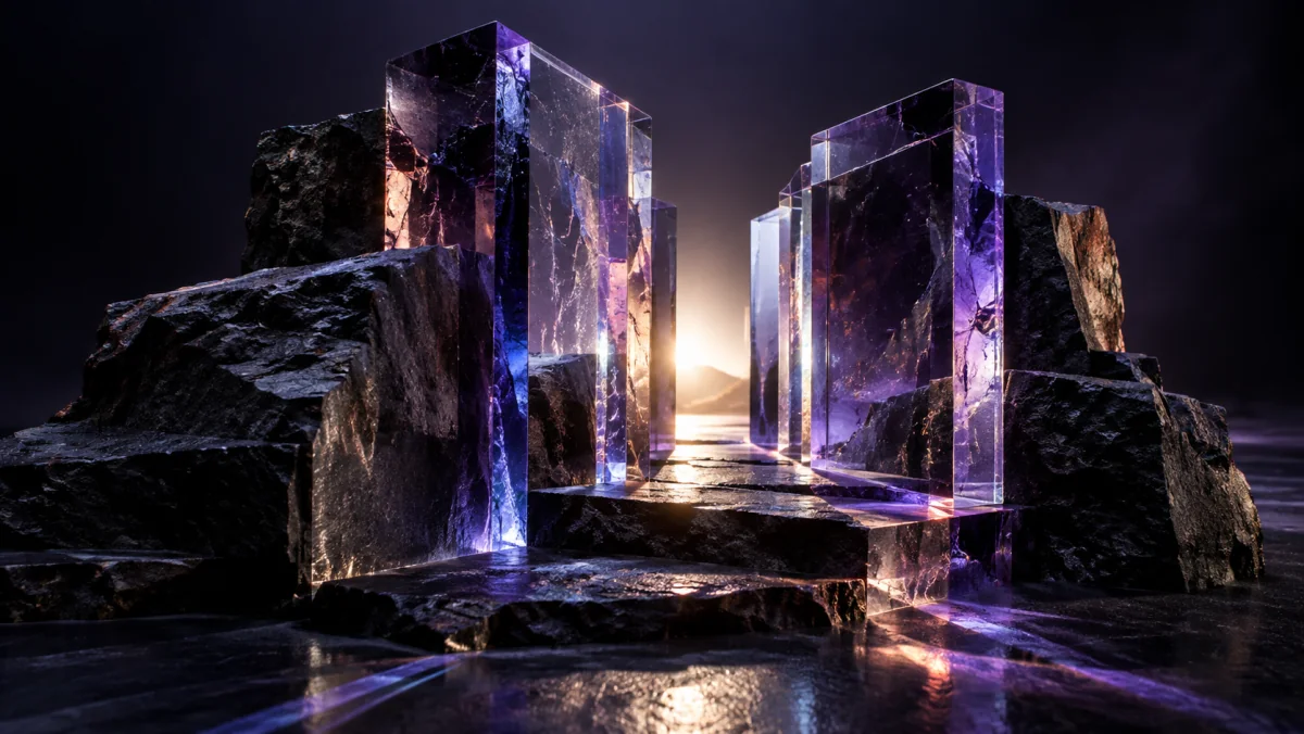Uma abertura de luz entre formas de pedra e vidro violeta